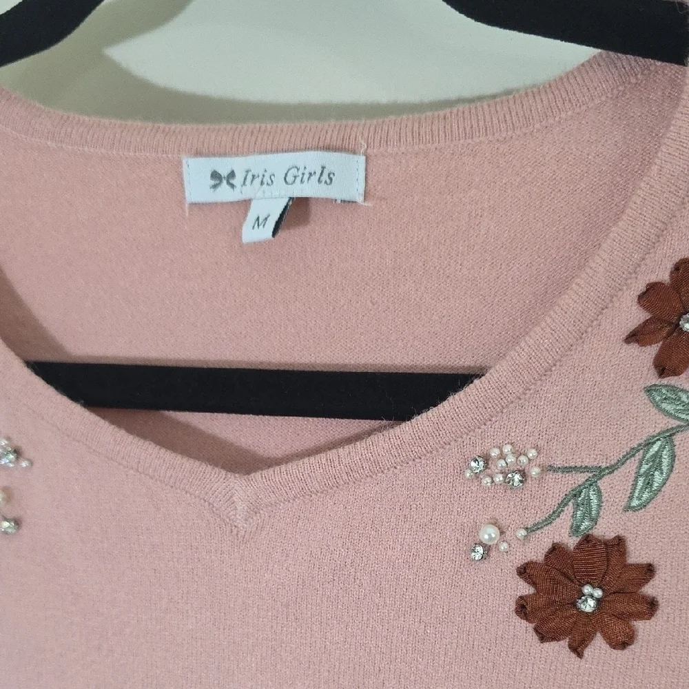 Pink Floral Embellished Knit Sweater